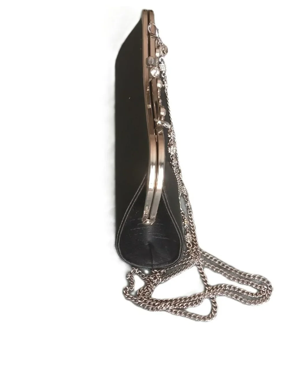 Black Silk Dupioni Crystal Frame Evening Clutch Bag Silver and Crystal strap